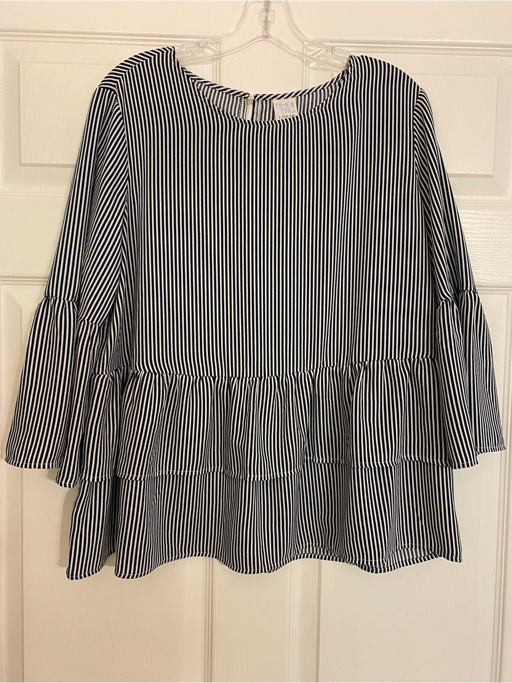 Time and Tru Black and White Striped Ruffle Peplum Blouse